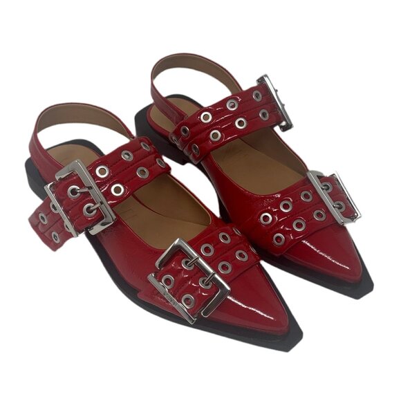 Ganni Red Leather Buckle Ballet Flats Sz-38 - Picture 1 of 4